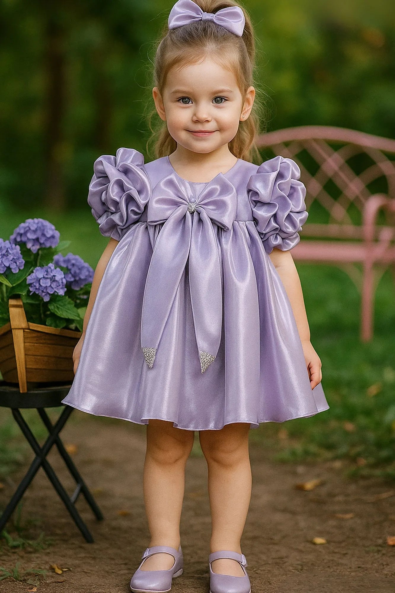 Purple Puff Sleeve And Bow Embellished Frock For Girls