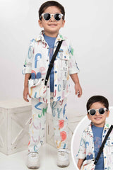 White Printed Shirt And Pant Set With Blue T Shirt For Boys