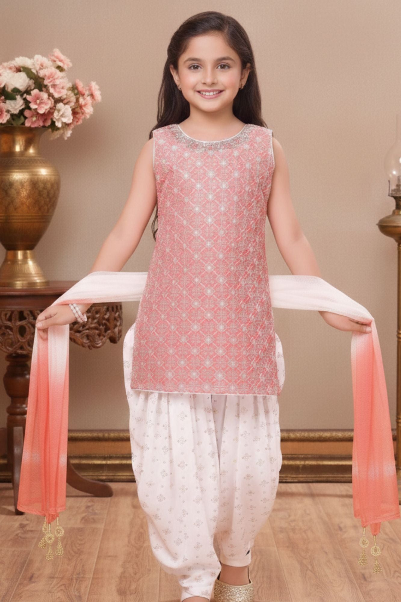 knee length dresses for ladies Peach Embroidered Patiala Suit Set With Dupatta For Girls 12-13Y (34)