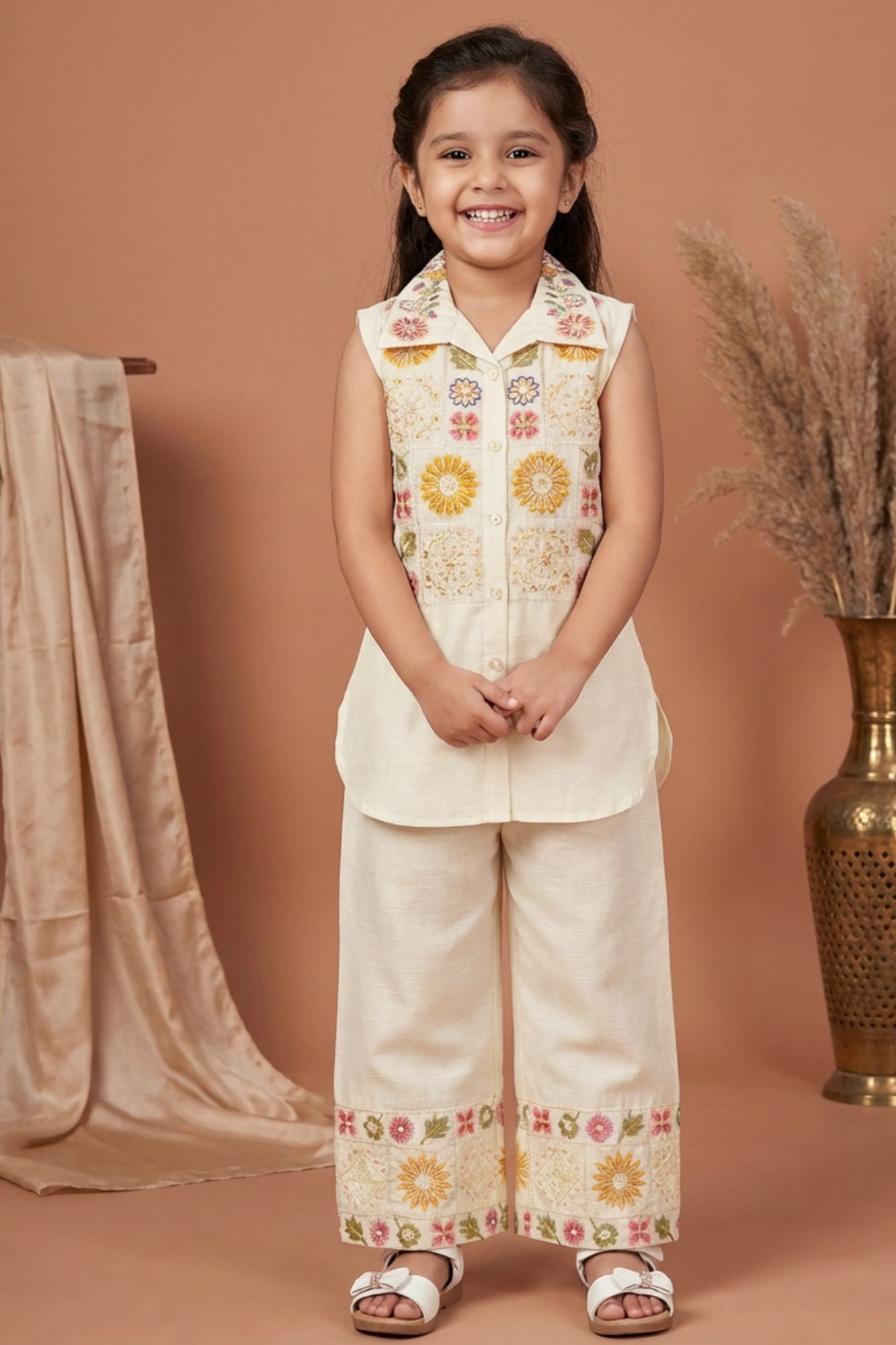 Beige Embroidered Palazzo Set For Girls