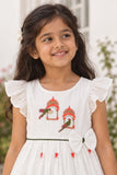 Girls White Bird Motif Embroidered Ruffle Sleeve Flared Dress