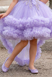Girls Lavender Ruffle Tailback Party Dress With Pearl And 3D Floral Work Detail