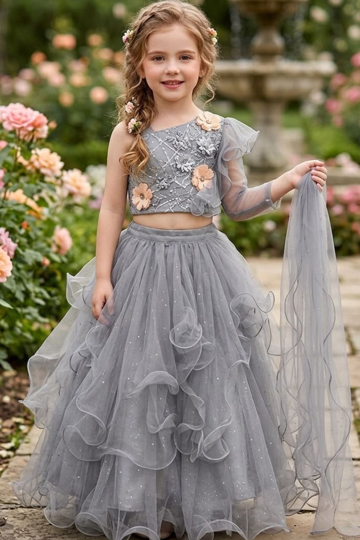 Dusty Grey Floral Ruffle Lehenga Choli For Girls