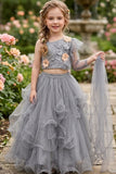 Dusty Grey Floral Ruffle Lehenga Choli For Girls