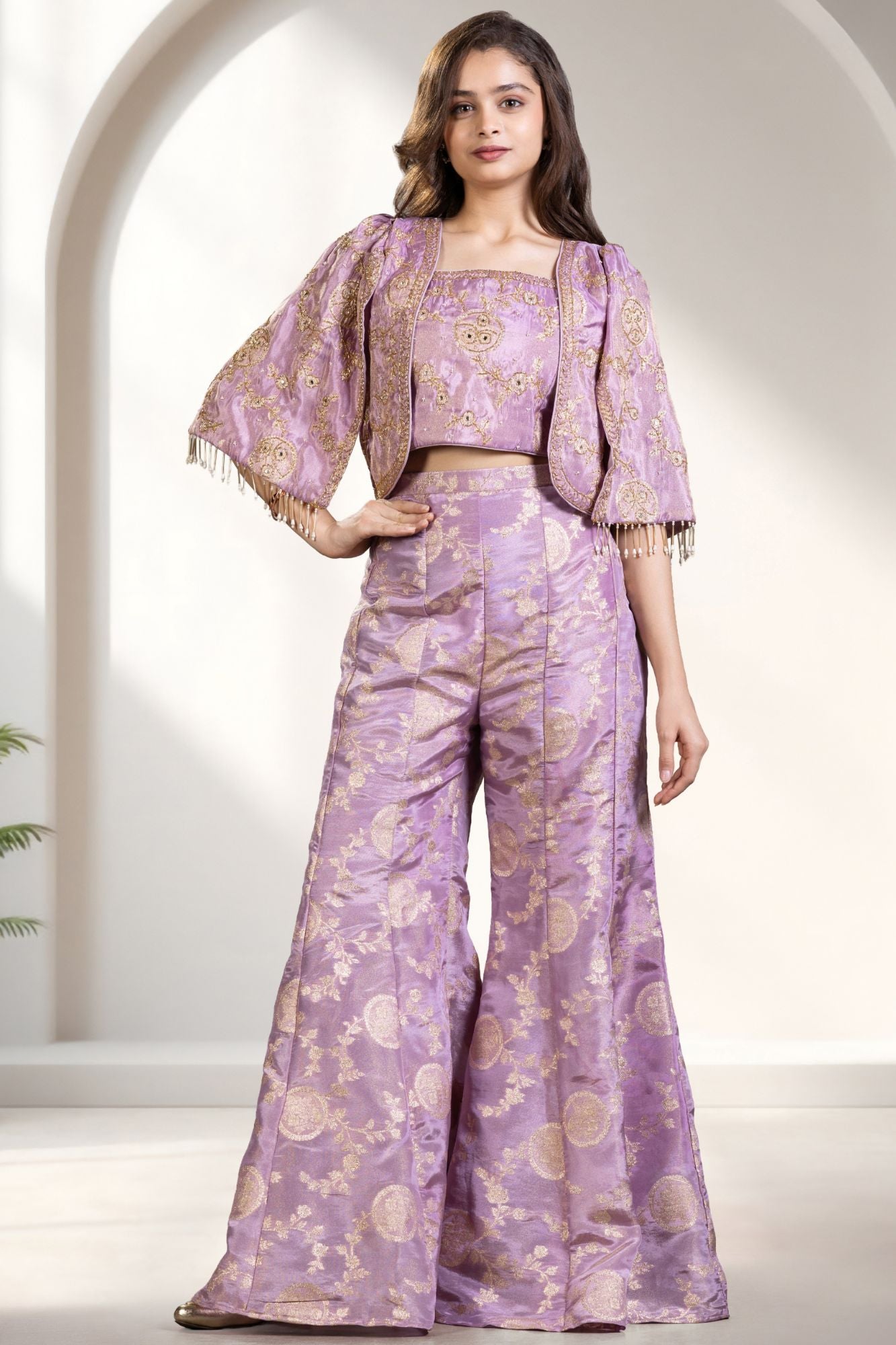 Lavender Palazzo Set with Crop Top And Jacket For Girls