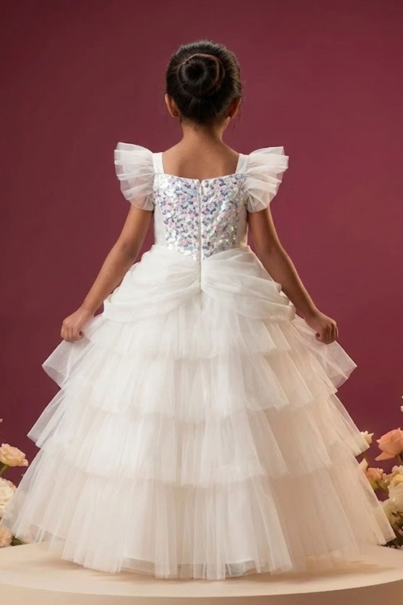 Girls White Sequin Embellished Layered Net Party Wear Gown