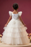 Girls White Sequin Embellished Layered Net Party Wear Gown