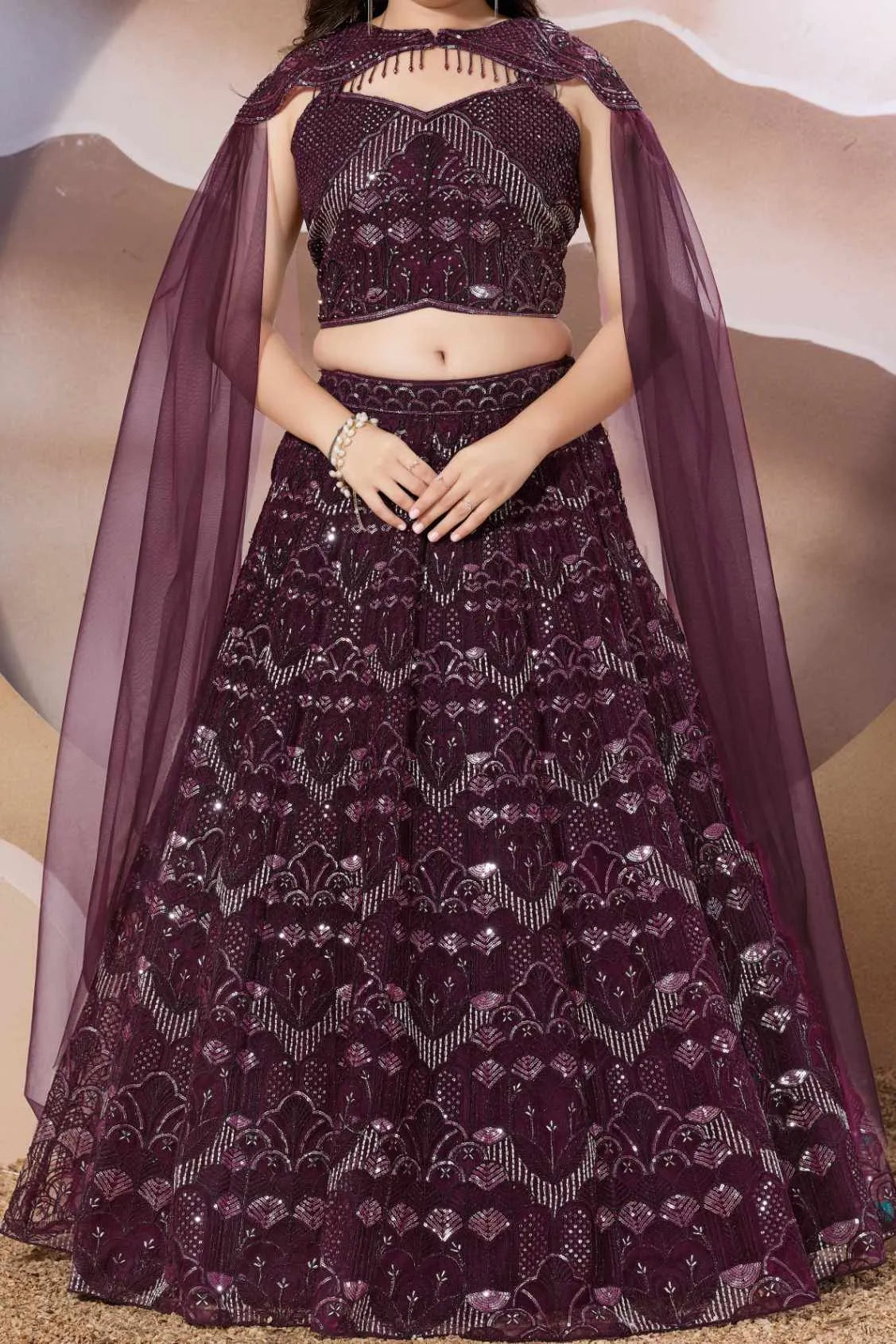 Maroon Embroidered Lehenga Choli Set With Cape Dupatta for Girls