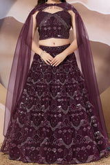 Maroon Embroidered Lehenga Choli Set With Cape Dupatta for Girls