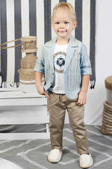 White Printed T-shirt And Beige Pant With Sky Blue Overcoat For Boys