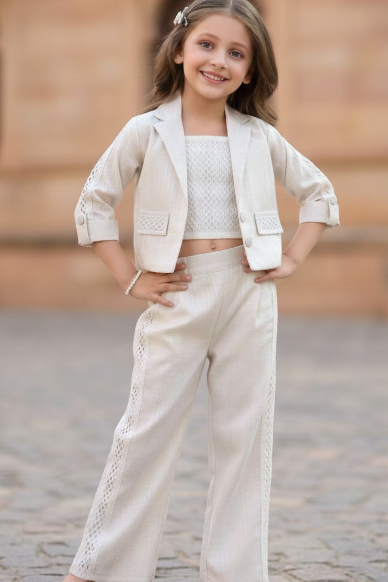 Stylish Cream Textured Design Top And Pant Set With Overcoat For Girls