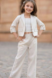 Stylish Cream Textured Design Top And Pant Set With Overcoat For Girls