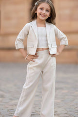 Stylish Cream Textured Design Top And Pant Set With Overcoat For Girls