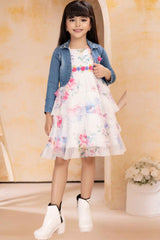 White Sleeveless Floral Printed Frock With Denim Overcoat For Girls