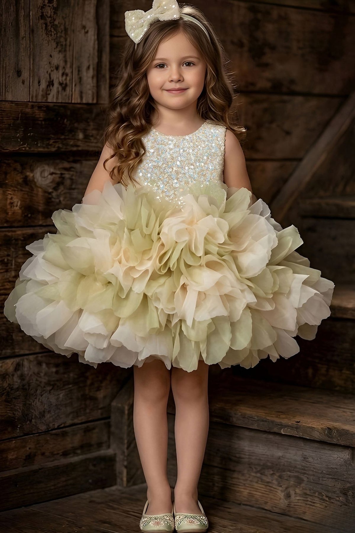 Girls Light Olive Green Party Wear Frock With Sequin Bodice And 3D Organza Petal Detailing