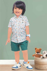 White Printed Shirt And Green Shorts Set For Boys