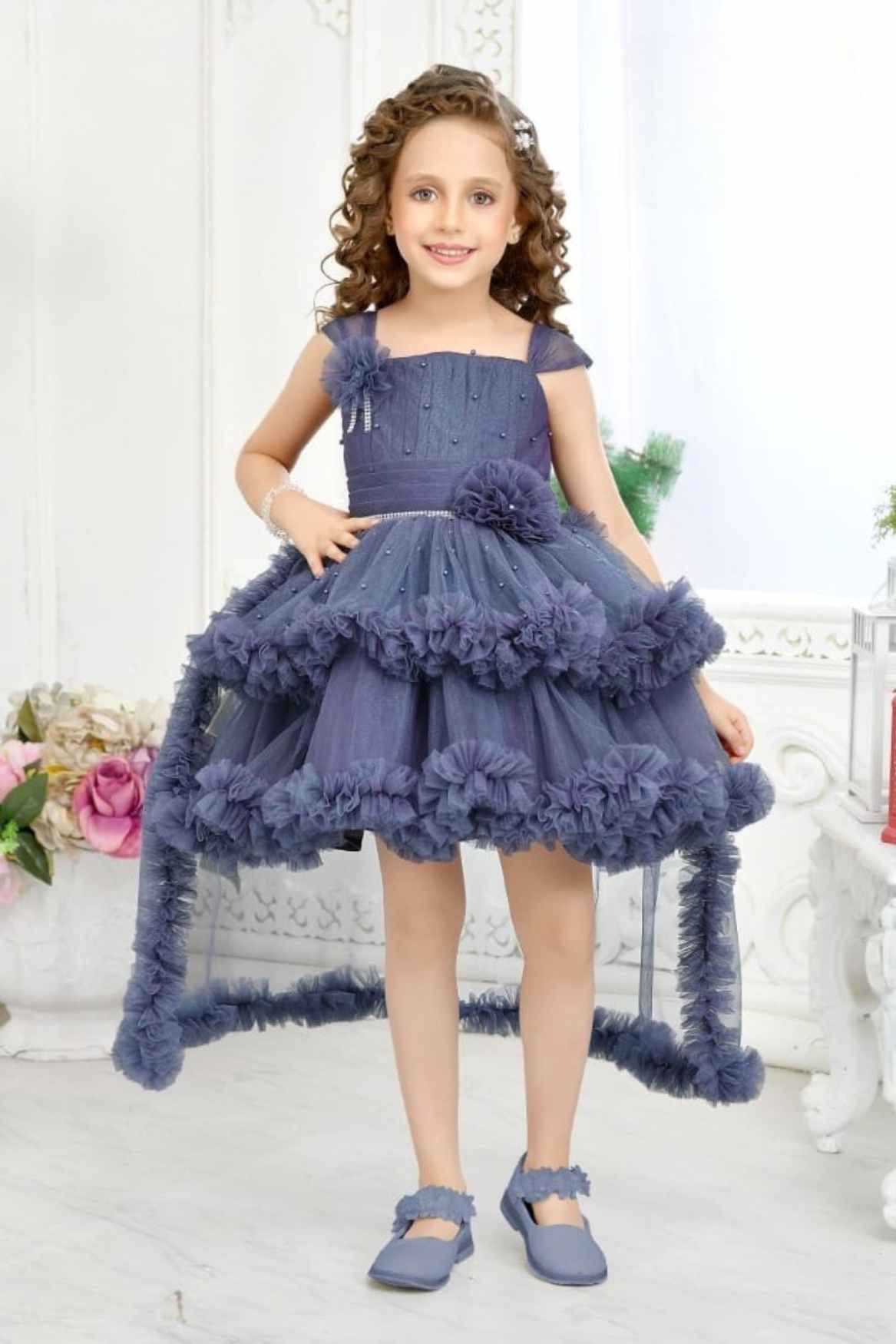Dark Grey Pearl And Stone Work With Floral Embellished Tail Back Frock For Girls