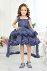 Dark Grey Pearl And Stone Work With Floral Embellished Tail Back Frock For Girls