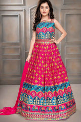 Rani Pink And Blue Embroidered With Sequin Work Lehenga Choli Set For Girls