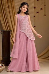 Girls Pink Sequin Embroidered Asymmetric Palazzo Set With Dupatta