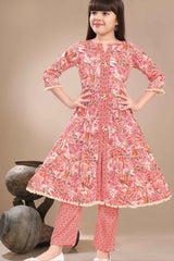 Peach Floral Printed And Sequins Work Kurta With Pant Set For Girls