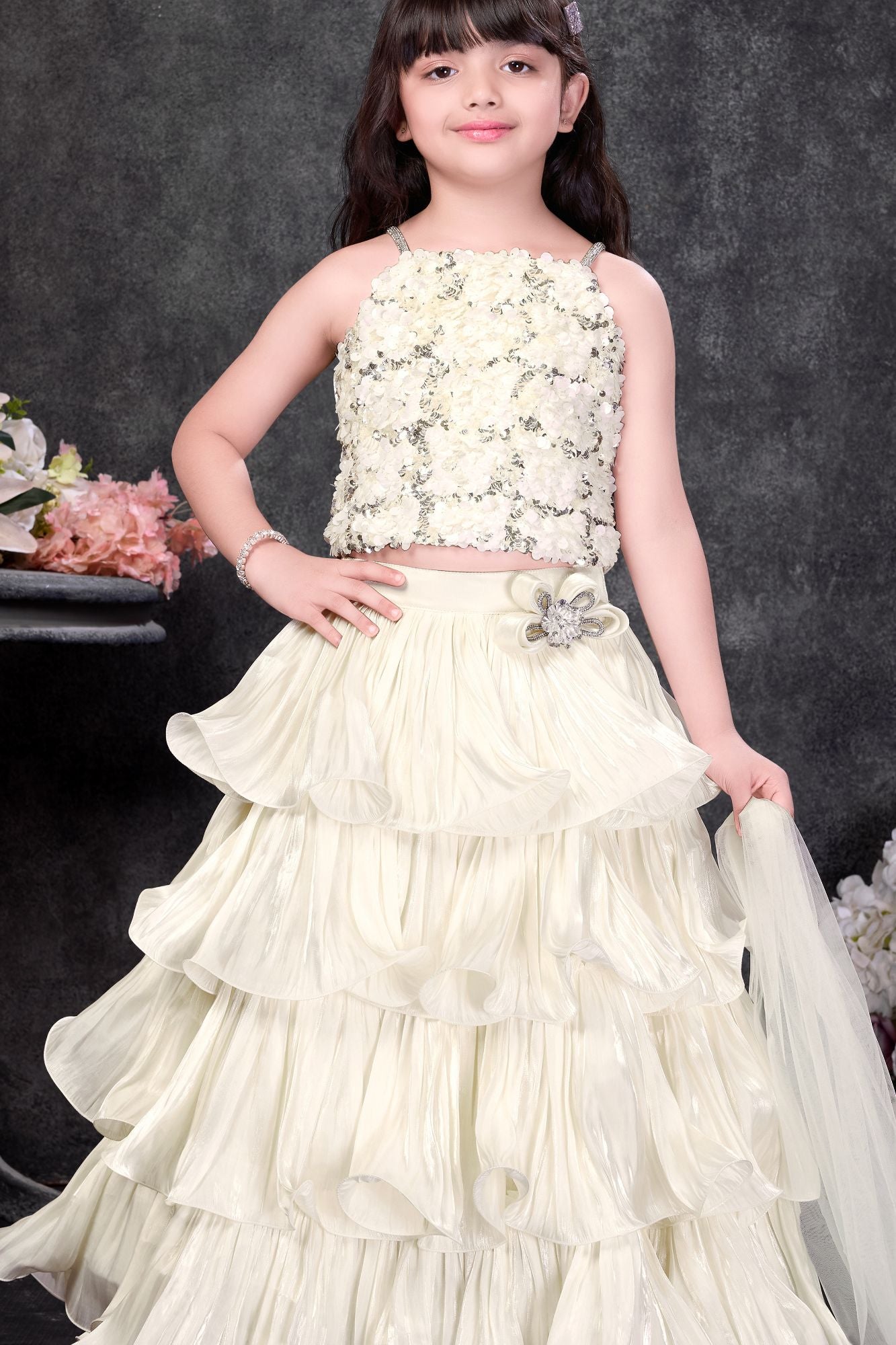 Ivory Sequin Crop Top Lehenga Set with Layered Ruffle Skirt And Dupatta For Girls