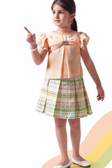 Peach Bow Embellished Top With Printed Skirt Set For Girls