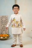 Beige Kurta Set  With Tropical Print Nehru Jacket For Boys