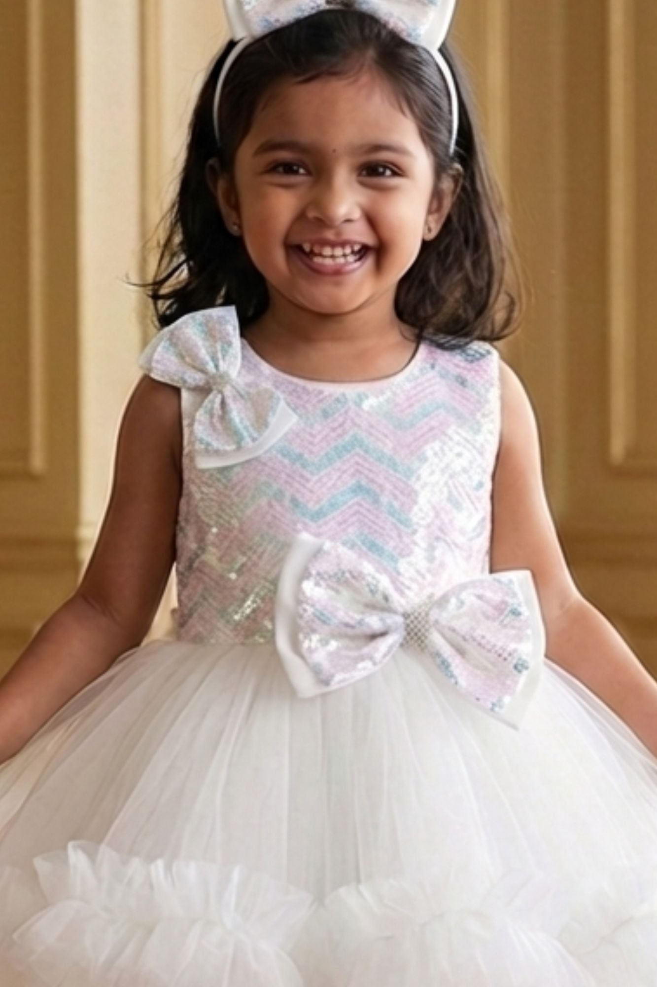 White Ruffle Party Gown with Sequin Bows and High-Low Hem For Girls