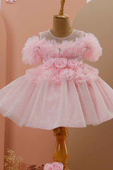 Pink Shimmer Frock With Floral Embellished For Girls