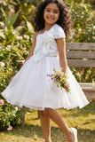 White Party Frock With Sequin Bow And 3D Flower Detail For Girls