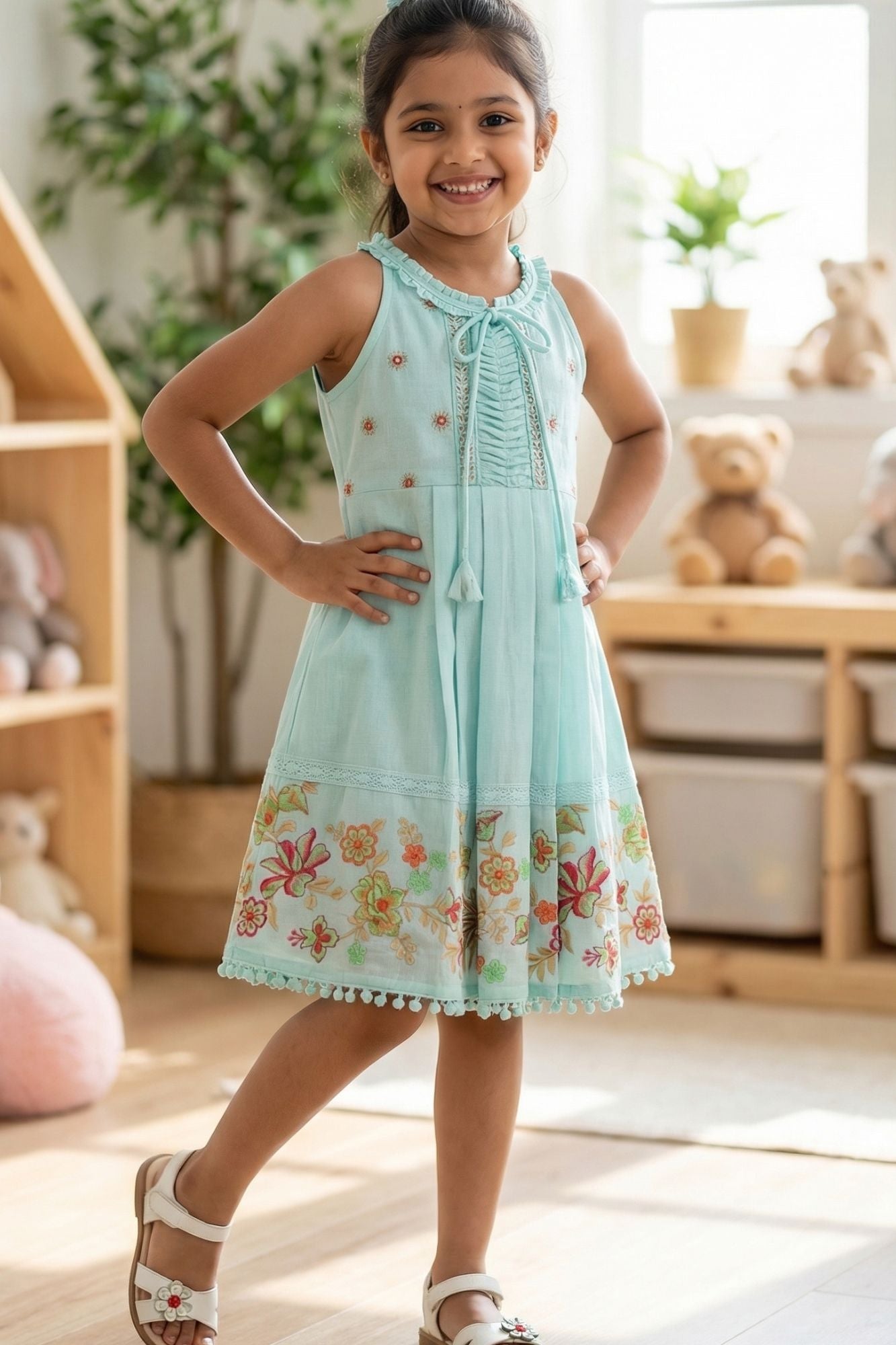 Sky Blue Floral Embroidered Frock With Ruffle Straps For Girls