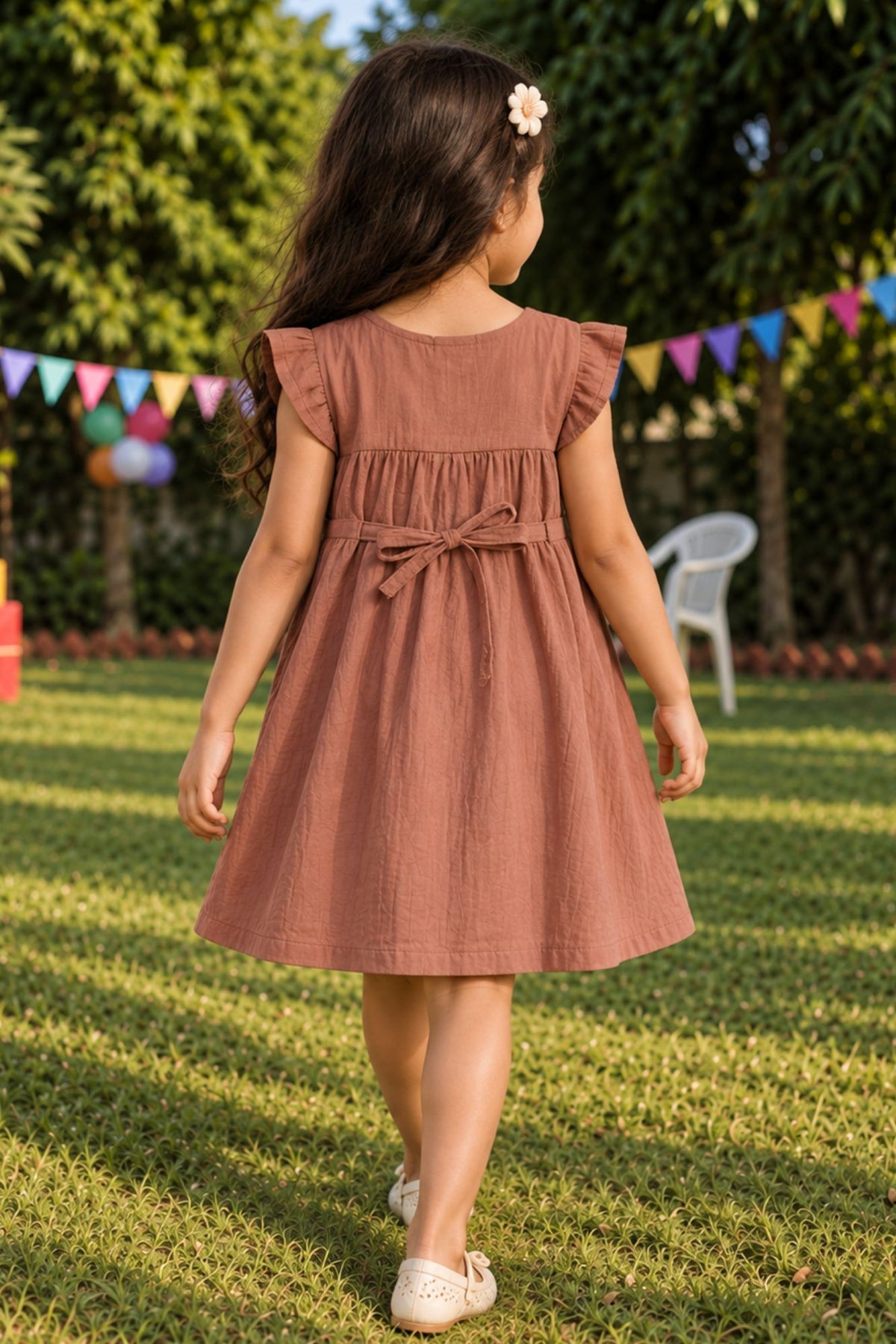 Girls Brown Crochet Flower Sailor Collar Dress