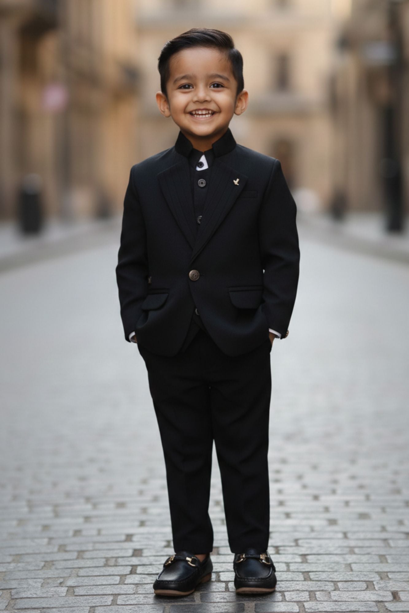 Classic Black Four Pc Suite With White Shirt Embossed Waist Coat Set For Boys