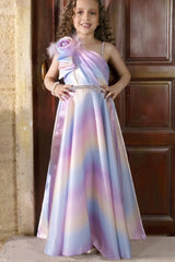 Multicolor One-Shoulder Party Gown with Floral Accent For Girls