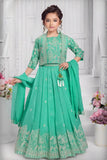 Sea Green Embroidered 3-Piece Ethnic Lehenga Choli Set with Dupatta For Girls