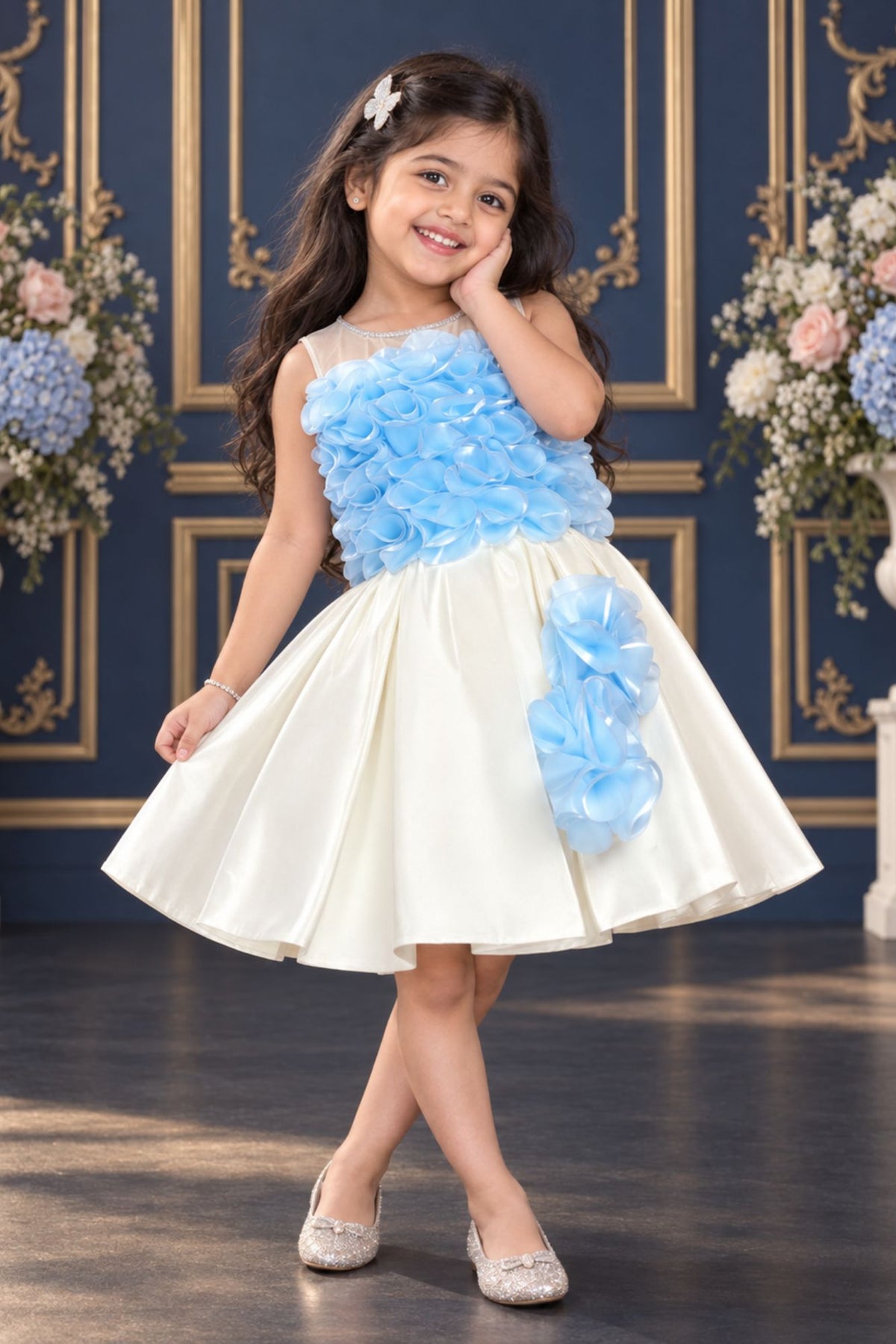 Stylish Blue And Cream Ruffled Frock For Girl