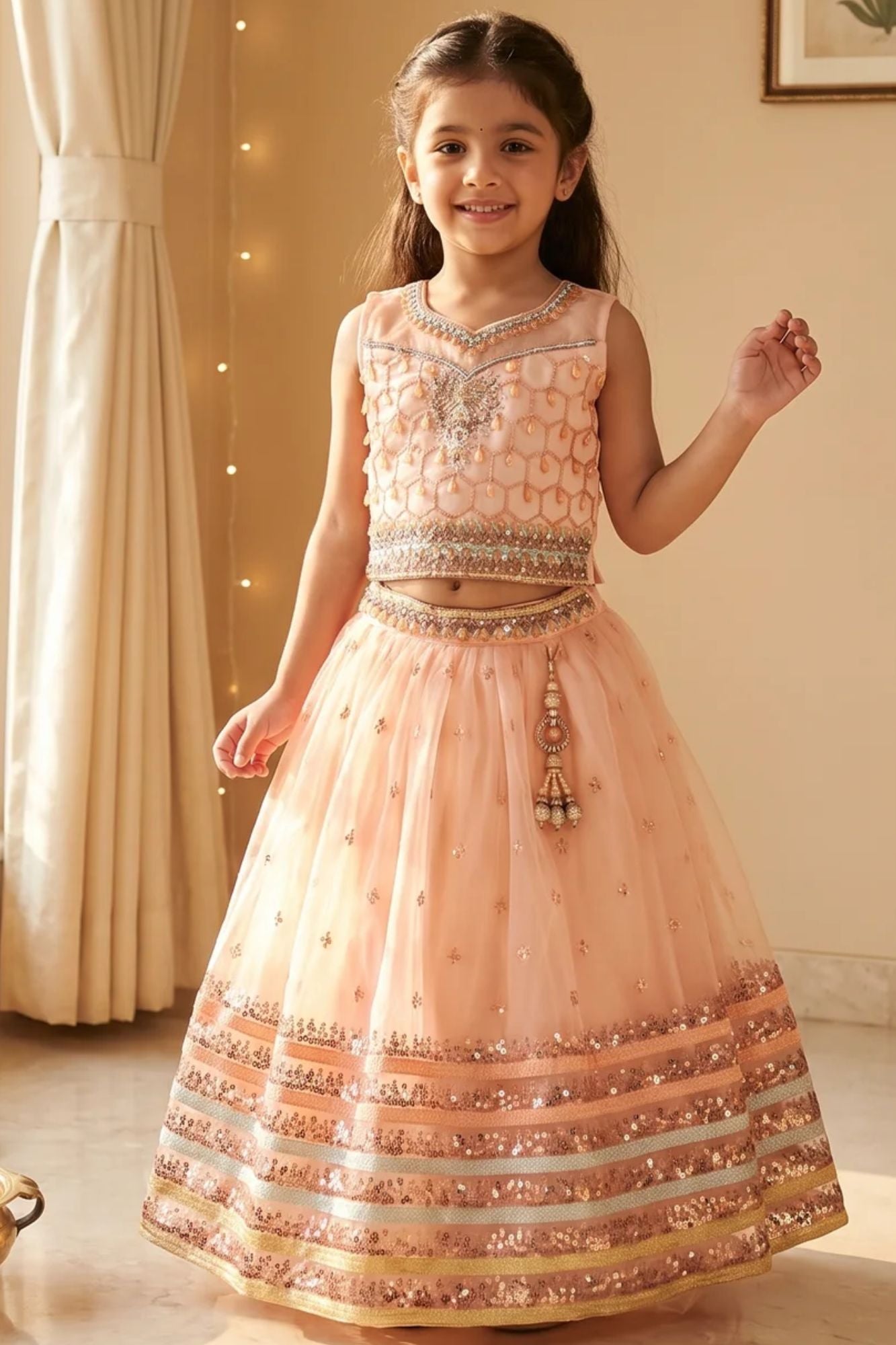 Peach Embellished Lehenga Choli for Girls