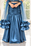 Blue Sequin Embellished Mermaid Lehenga Set For Girls