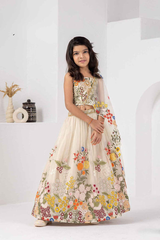 Off White Sequin And Embroidered Lehenga Choli For Girls