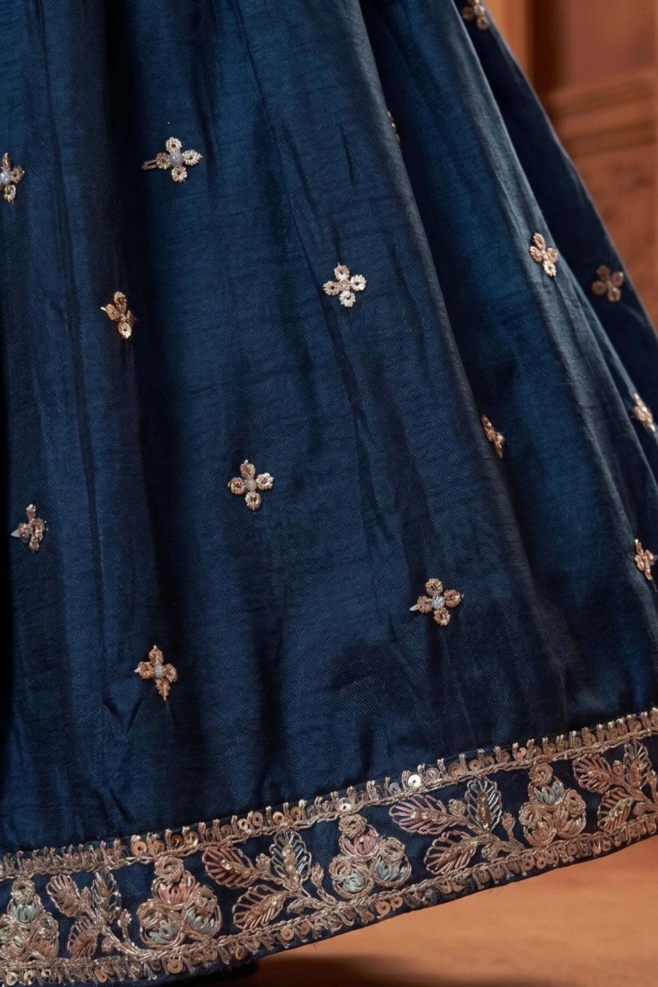 Girls Navy Blue Embroidered Lehenga Choli Set with Net Dupatta