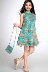 Teal Blue Bloom Sleeveless Floral Dress for Girls
