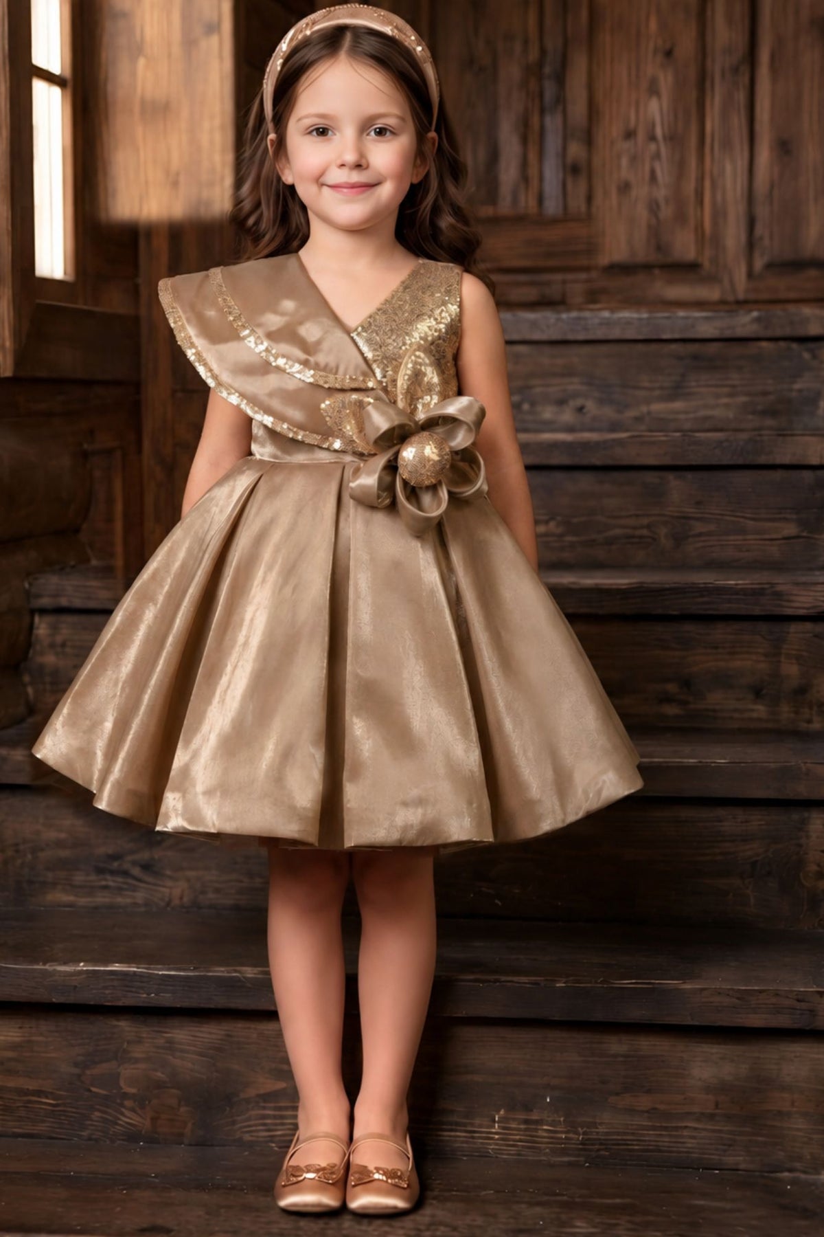 Girls Champagne Gold Sequin Floral Applique Party Wear Frock