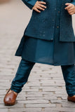 Teal Blue Thread And Sequins Embroidered Sherwani Set For Boys