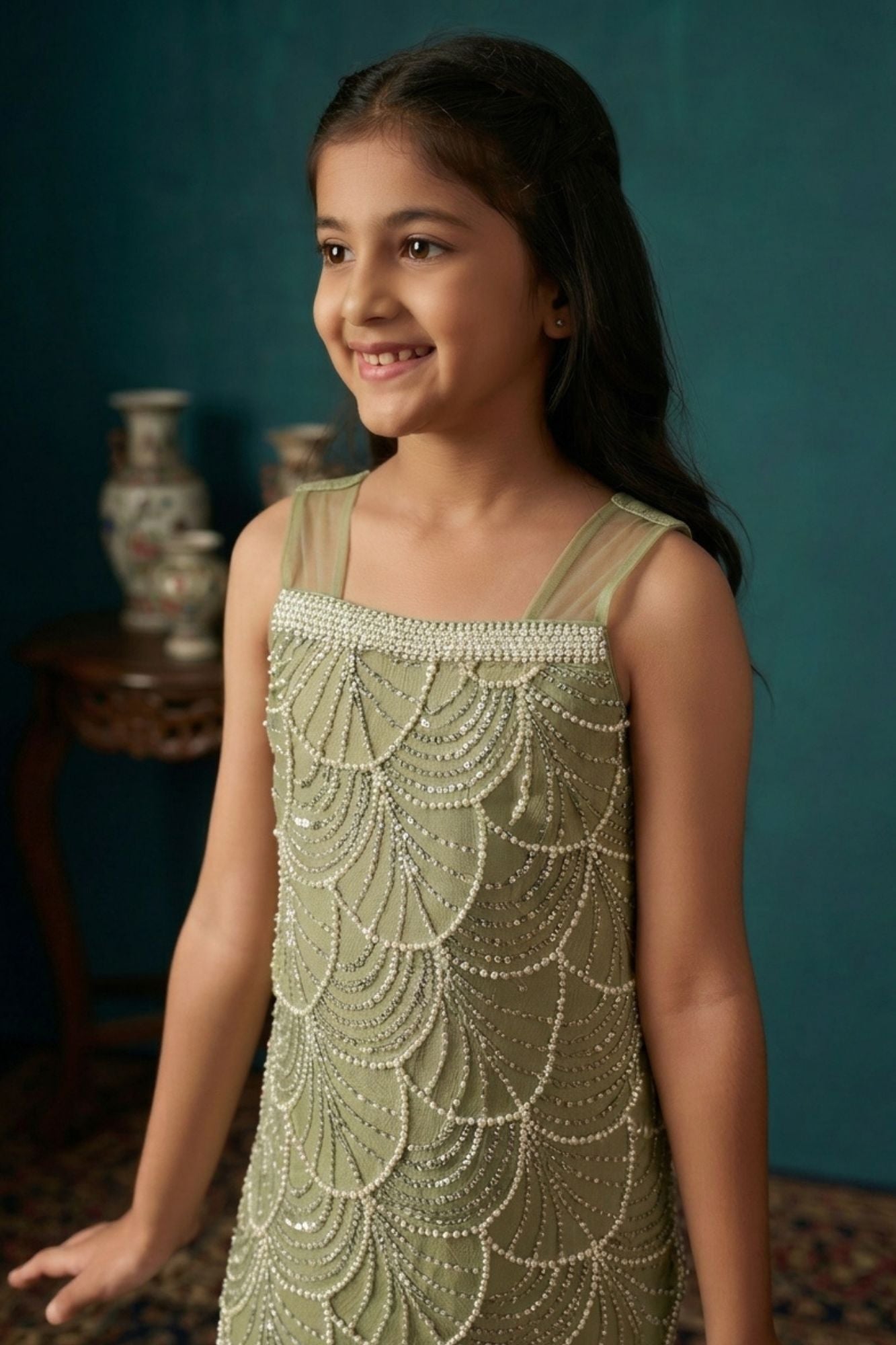 Girls  Green Embroidered Sharara Set with Pearl Work