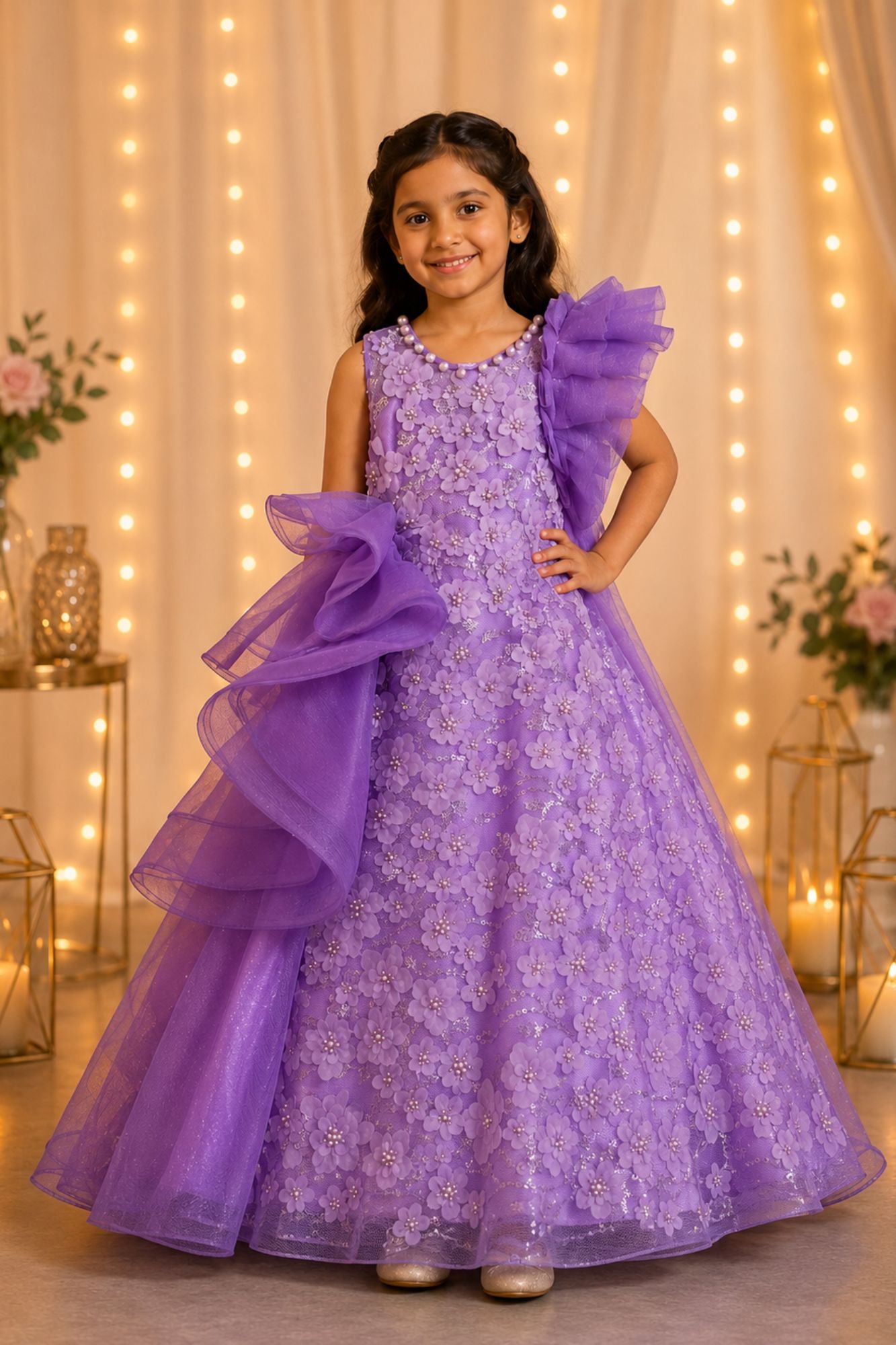Lavender Floral Embellished Layered Party Wear Ball Gown