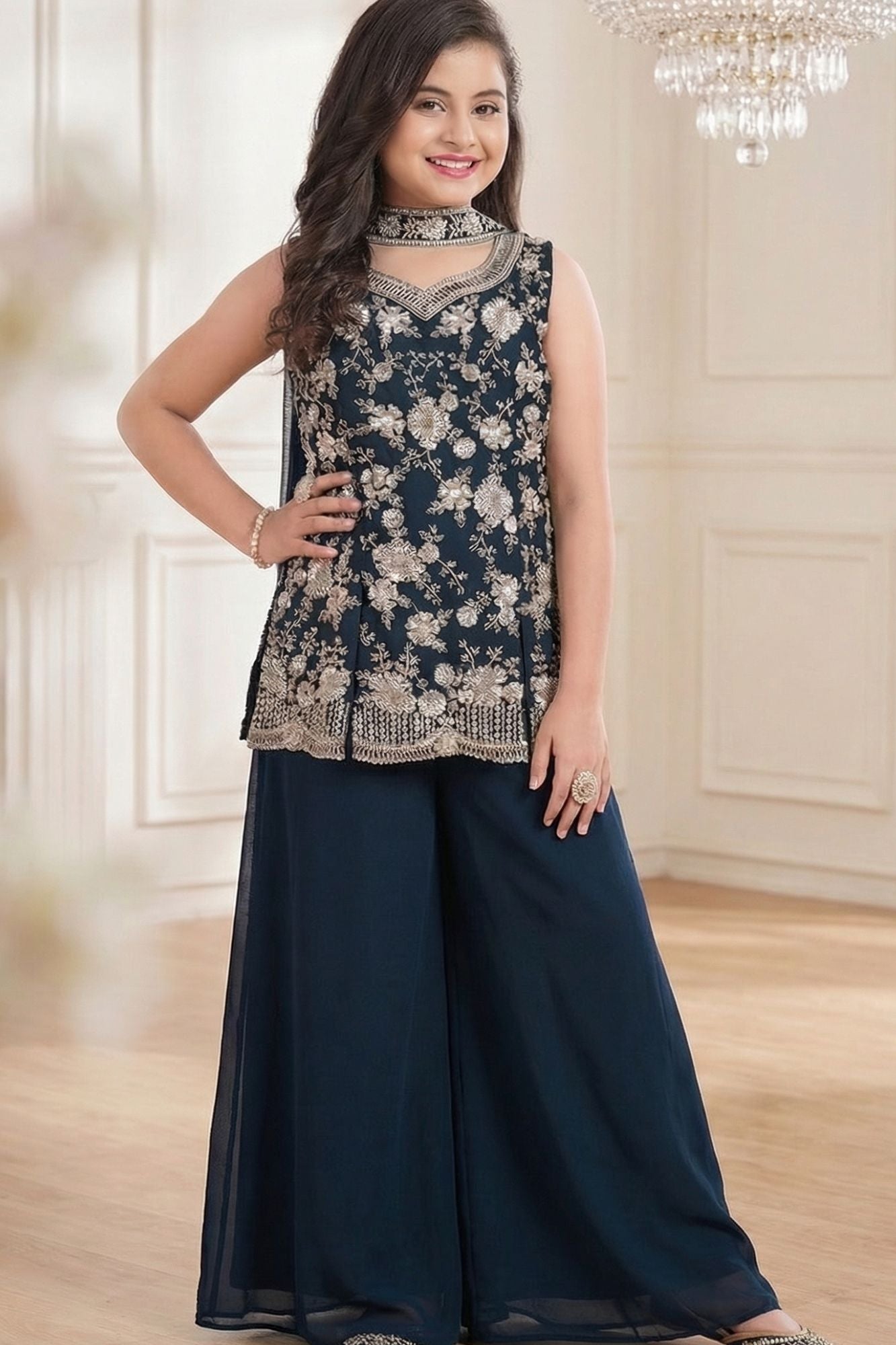 Navy Blue Embroidered Georgette Palazzo Set For Girls