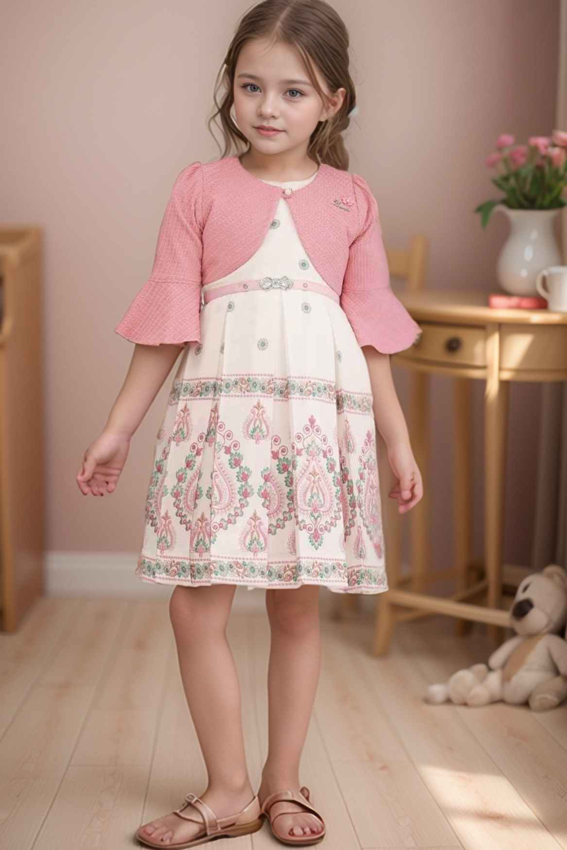 Pink And Cream Printed Casual Dress With Overcoat For Girls