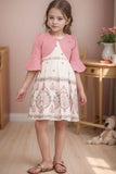 Pink And Cream Printed Casual Dress With Overcoat For Girls