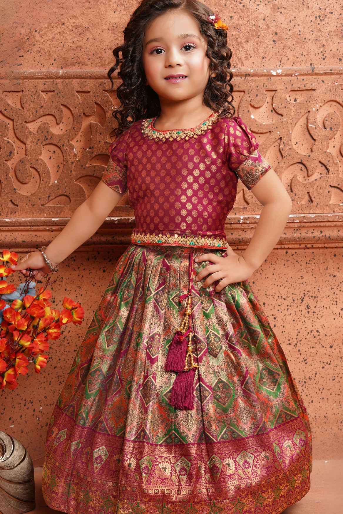 Wine Brocade Pattu Pavadai With Mirror Work And Thread Work For Girls